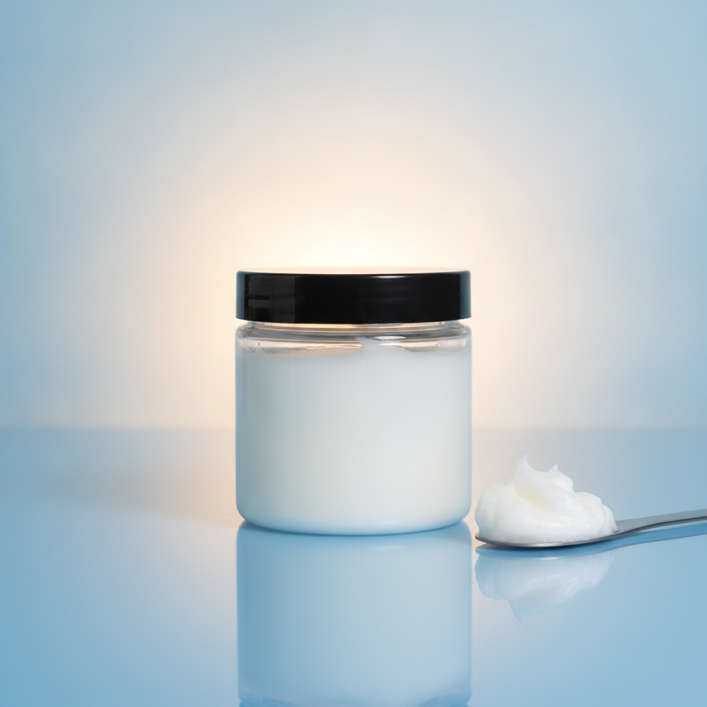 Unscented Smooth Body Cream on a reflective blue surface with a spoonful of white cream beside the jar.