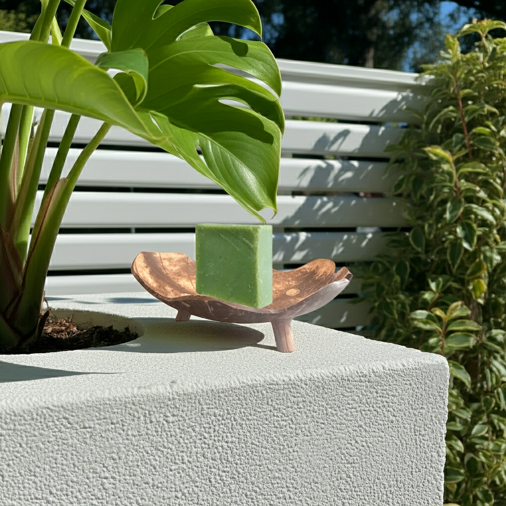 Coconut shell soap dish on small legs holding a green soap bar on a white planter next to a large tropical leaf outdoors.