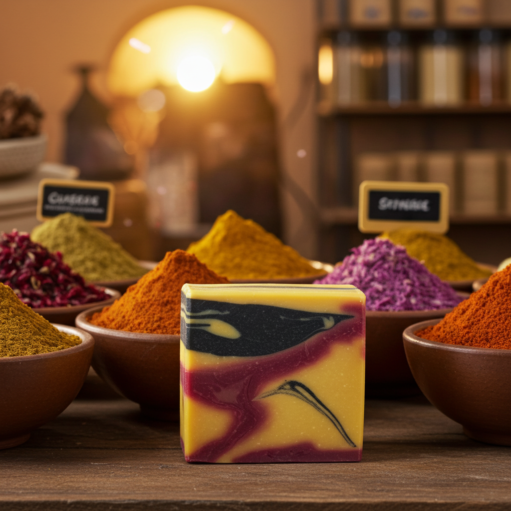 Nubia soap bar styled with colorful spices in a warm market-inspired setting