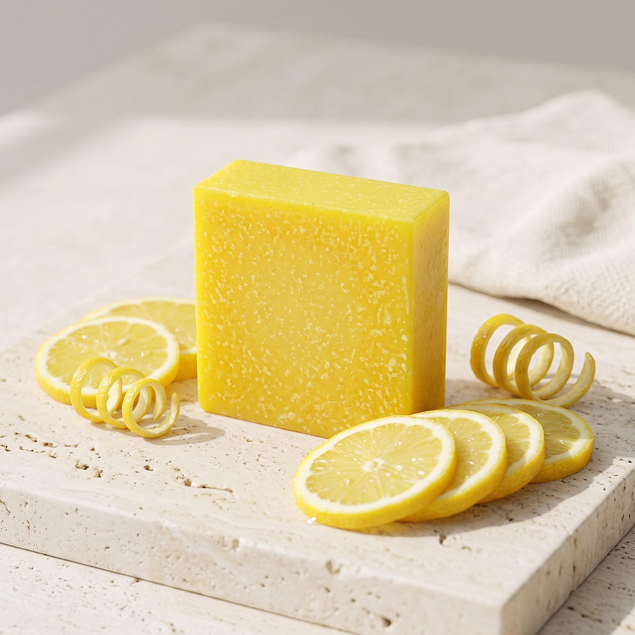 Lemon Zest Soap Bar on a stone tray with lemon slices, lemon peel curls, and sea salt.