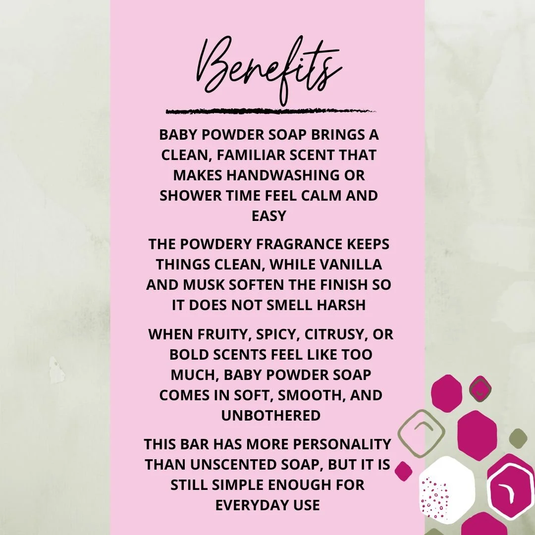 Benefits graphic for Baby Powder Soap Bar highlighting its soft powder-fresh scent, vanilla and musk finish, clean scent appeal, and everyday use.