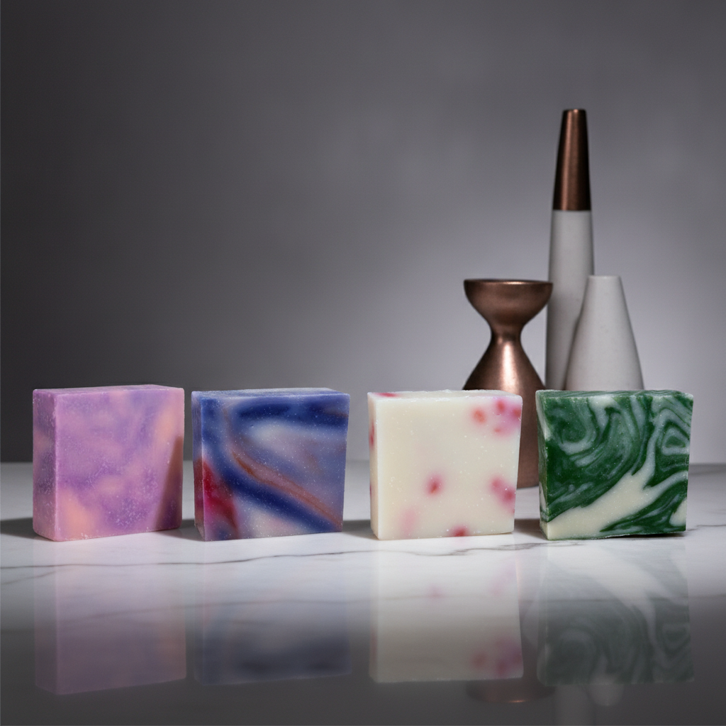 Four Classic Handmade Soap Bars displayed with mixed colors and scents on a glossy surface with decorative vases.