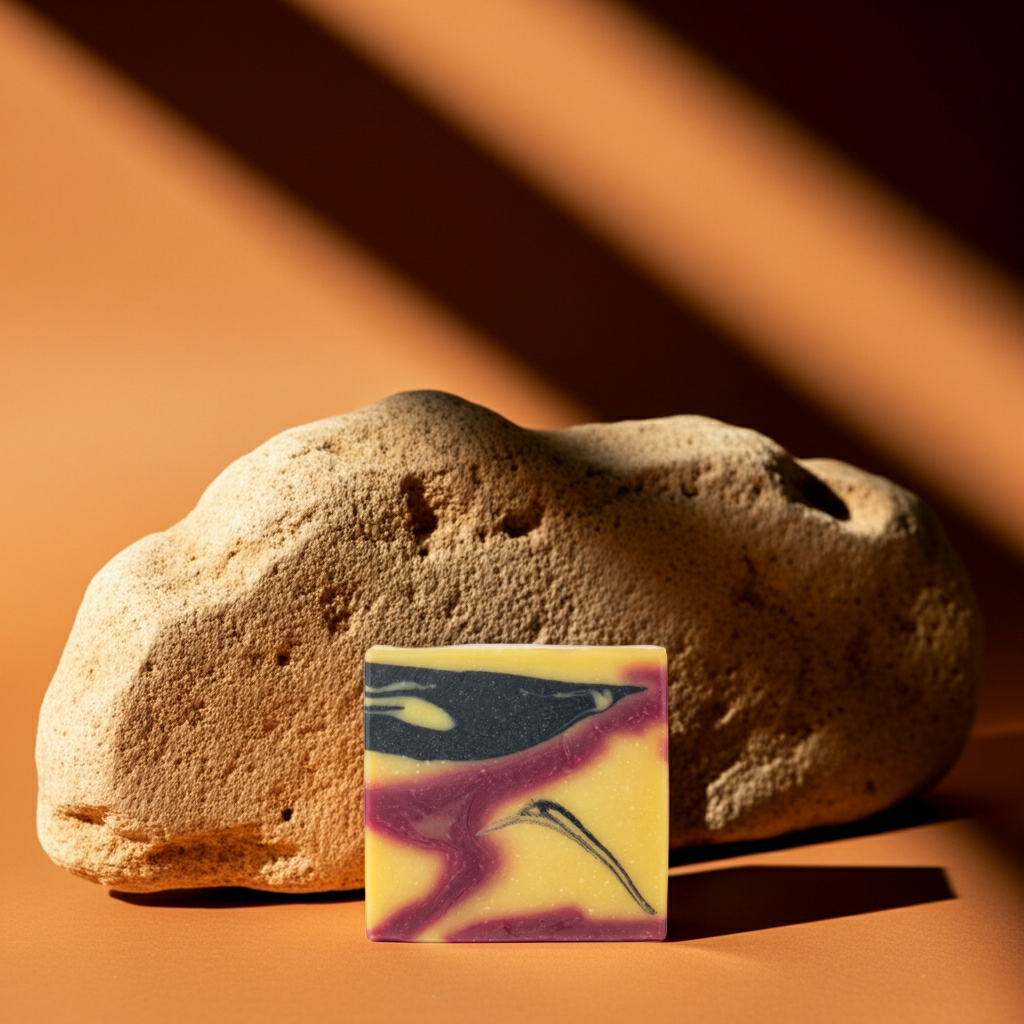 Nubia handmade soap bar styled beside a textured stone in warm golden light