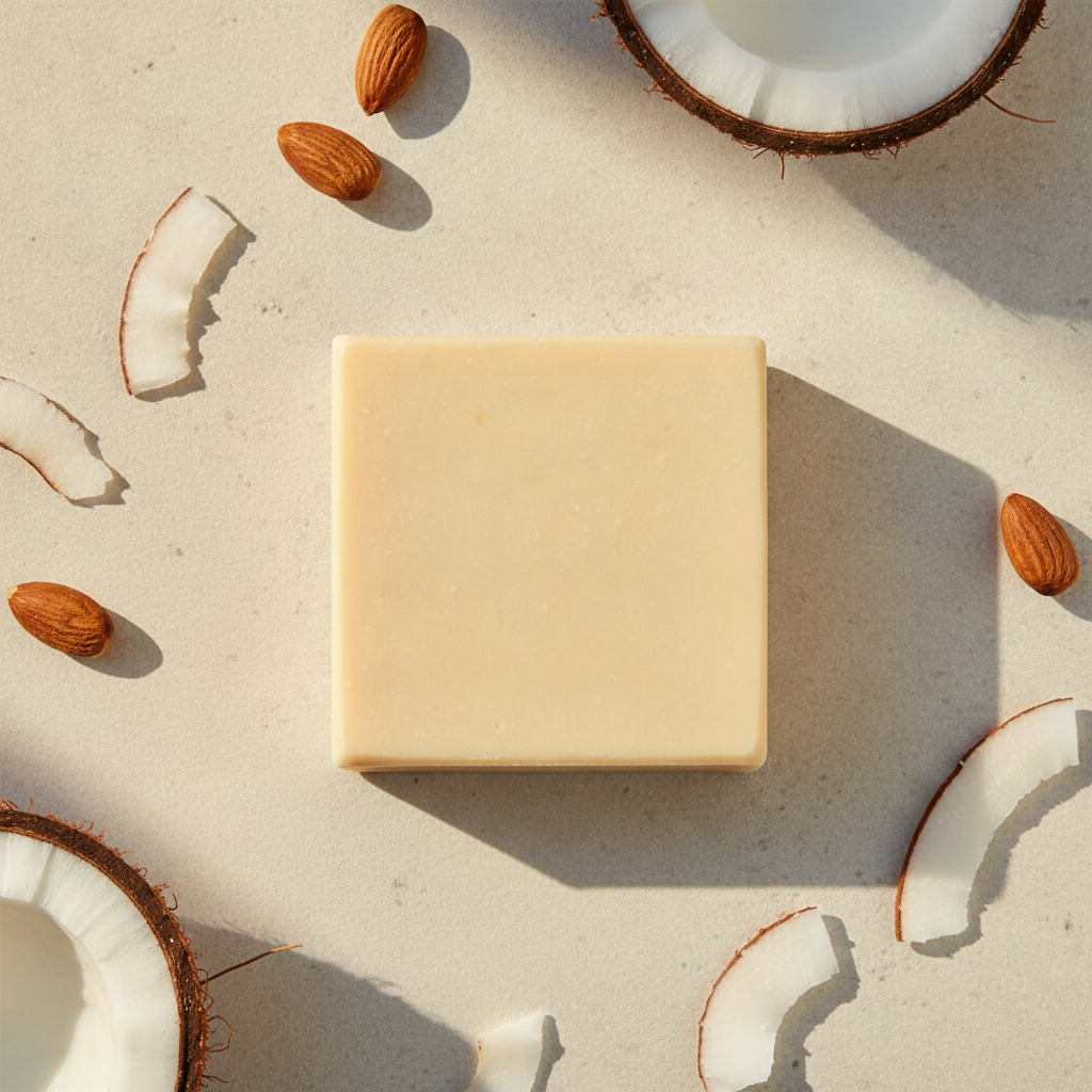 Almond Coconut Soap Bar on a marble surface with almonds, coconut slices, a coconut shell, and a small bowl.