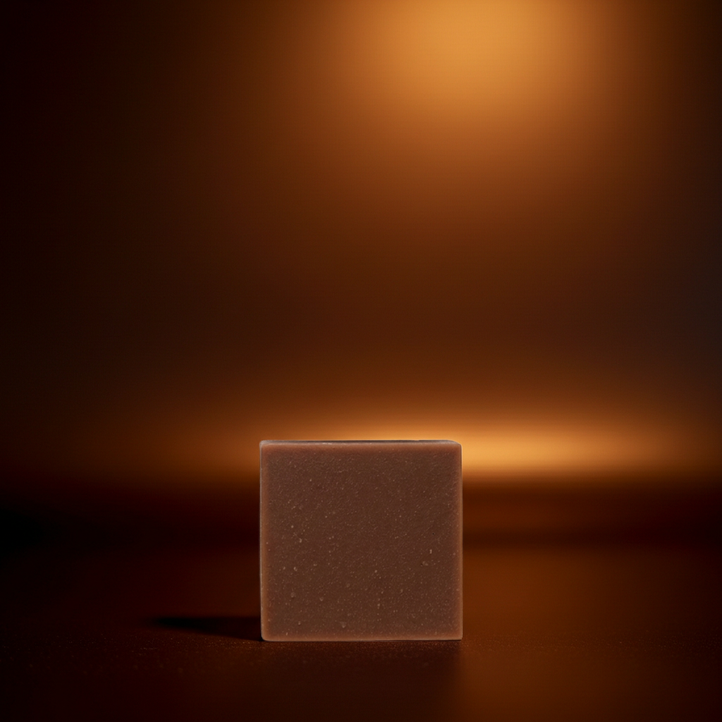 Queen Nandi amber vanilla earthy musk soap bar with rich golden lighting