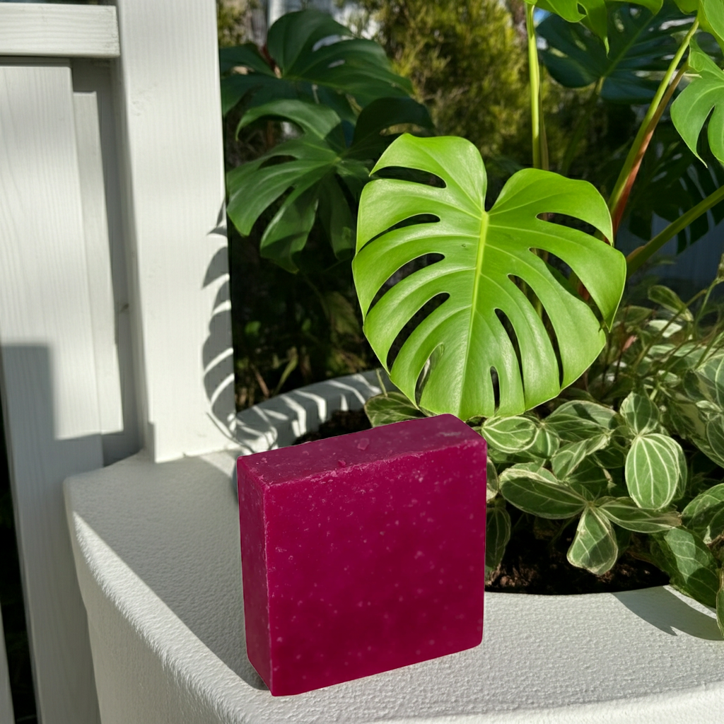 Sun-Kissed Empress handmade soap bar styled on a balcony with tropical green leaves and bright sunlight