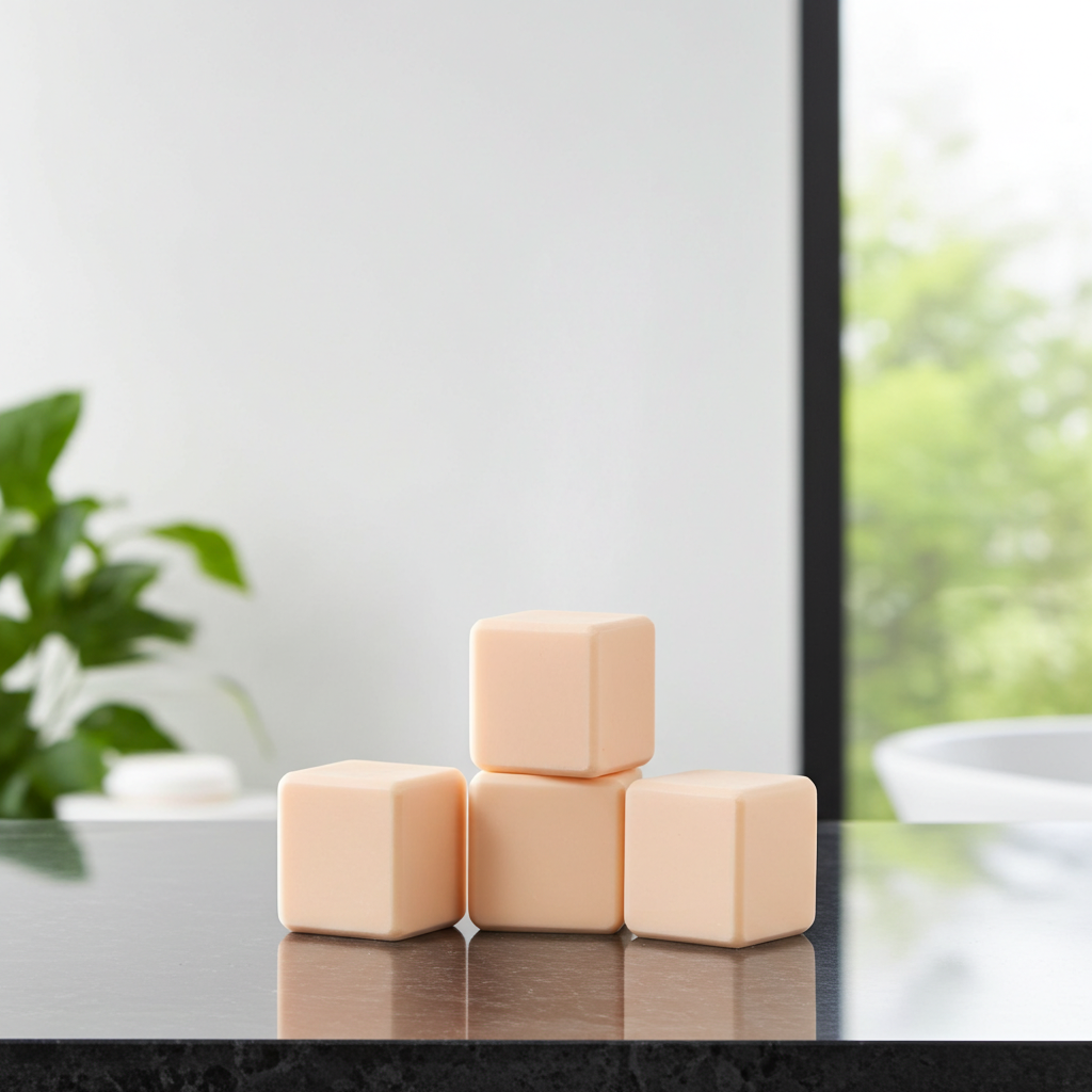 Four Nag Champa shower steamers stacked in a simple geometric arrangement on a glossy countertop with a plant in the background.