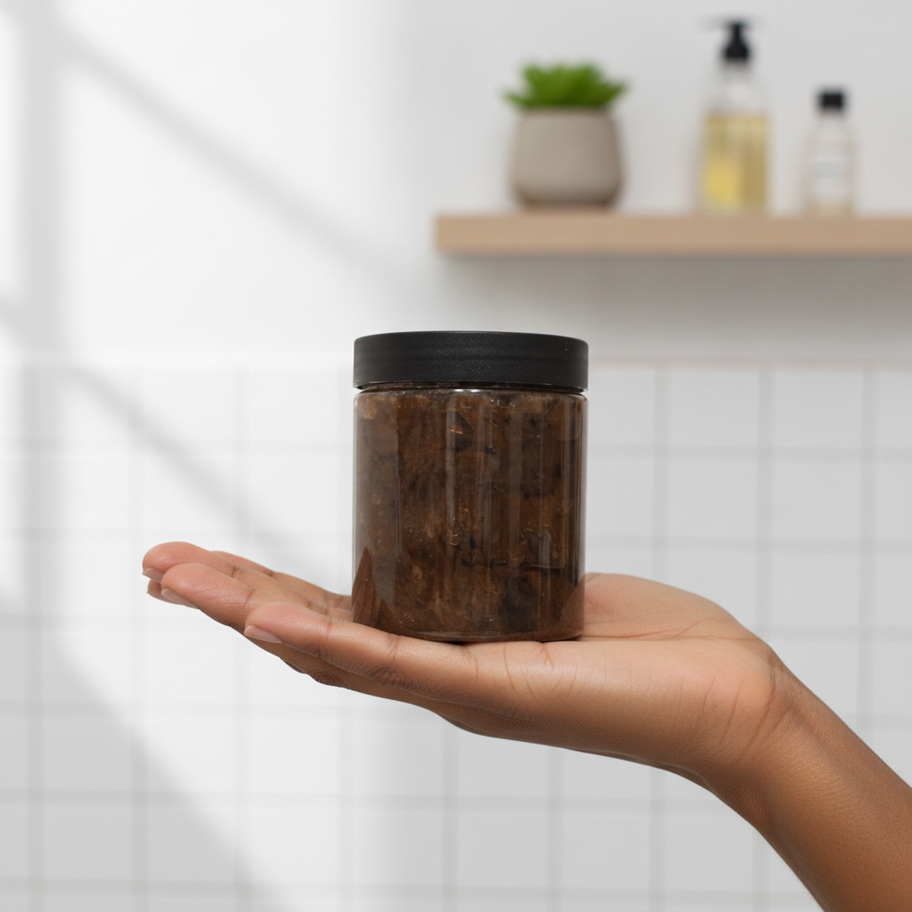 Hand holding an 8 oz Raw African Black Soap Paste jar in a bright bathroom setting.
