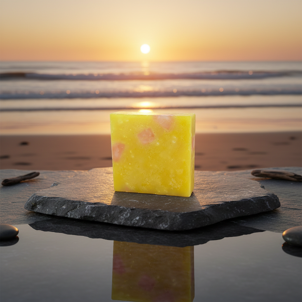 Island Girl Radiance handmade soap bar on a dark stone slab at the beach during sunset