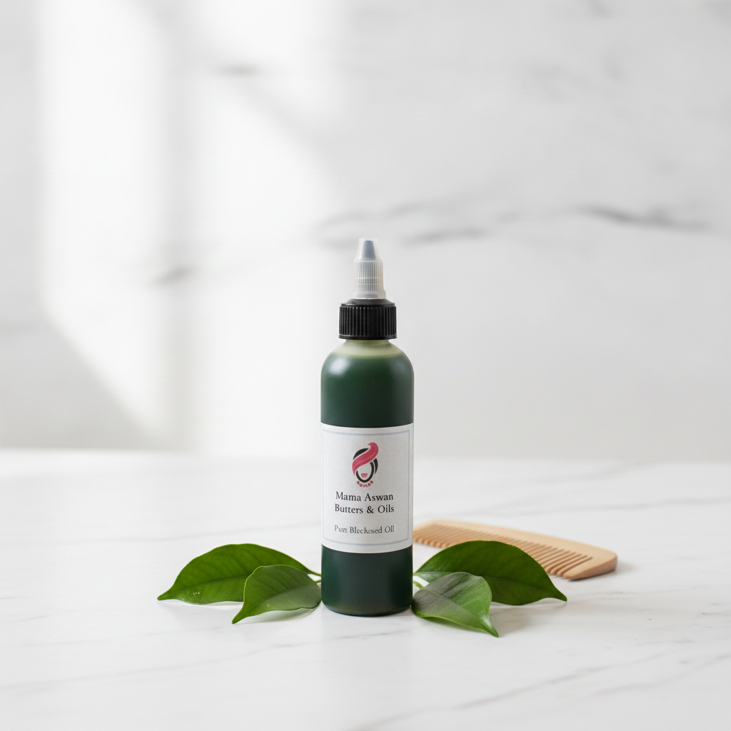Green 4 oz Scalp Oil bottle on a white marble surface with leaves and a wooden comb.