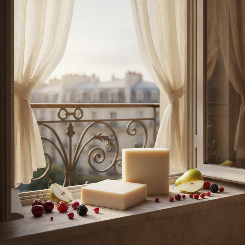 Room to Breathe Soap Bars on a windowsill with berries, pear slices, and a Paris balcony view.