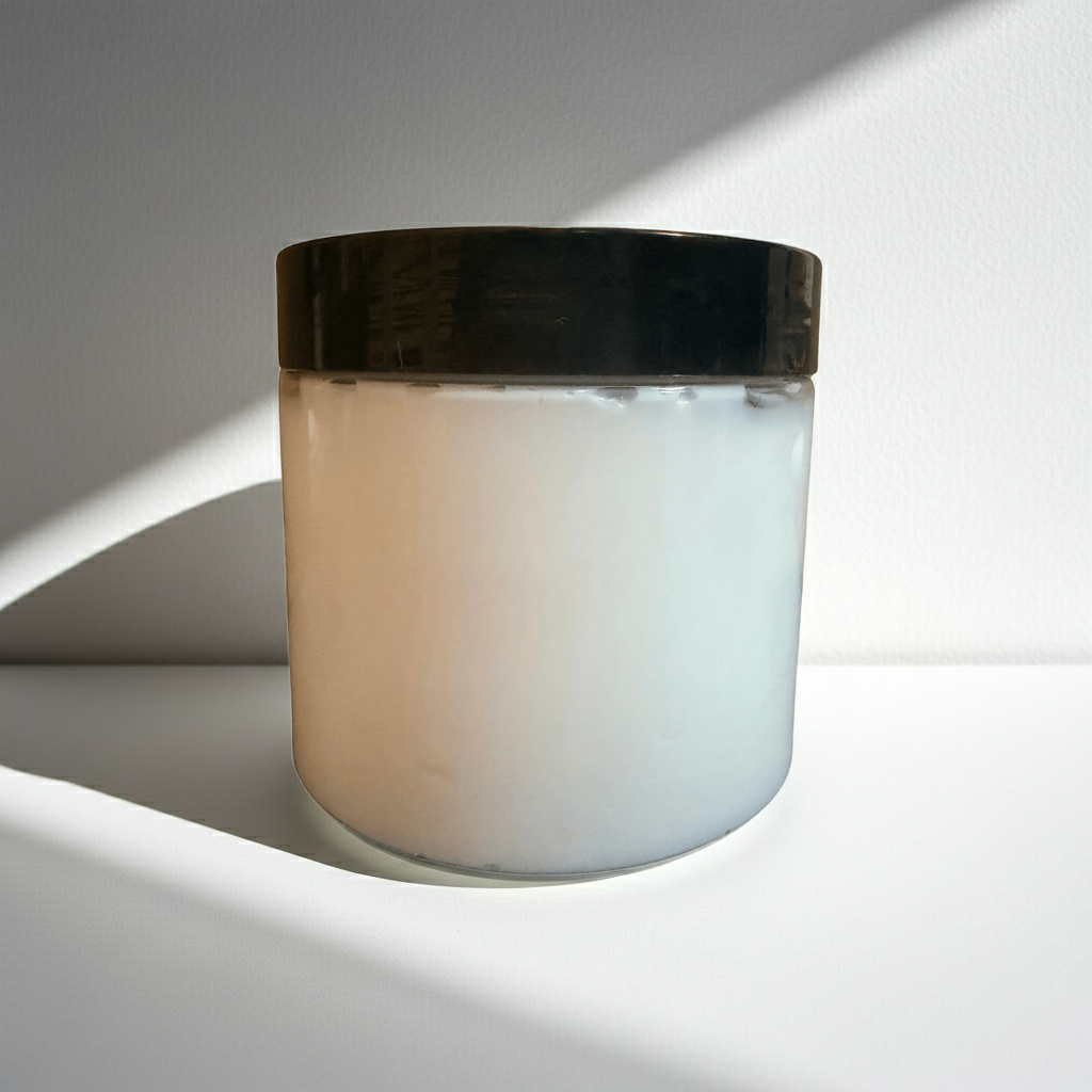 A minimal product image of The White Line by Mama Aswan Unscented Smooth Body Cream 16oz styled in soft sunlight to highlight its simple, clean identity.