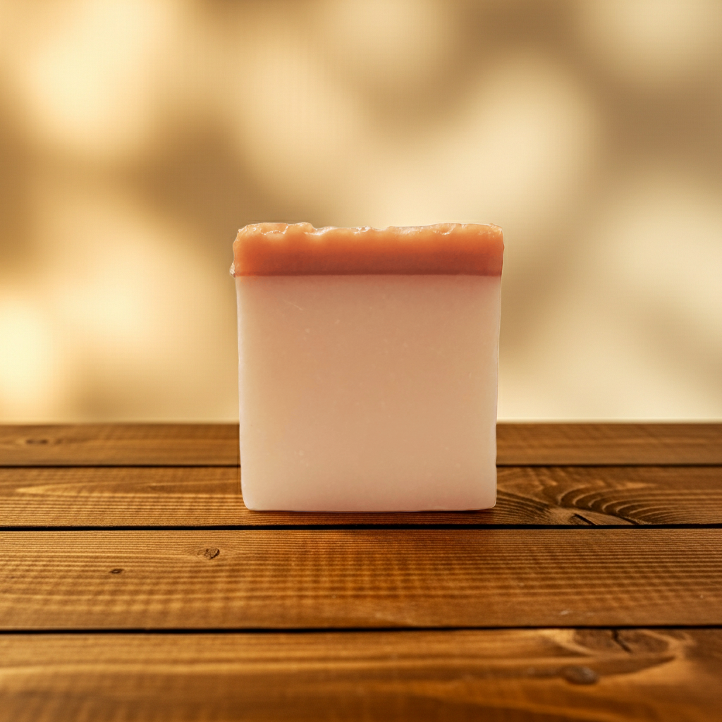 Honey Child soap bar on wooden surface with soft golden bokeh lighting in the background.