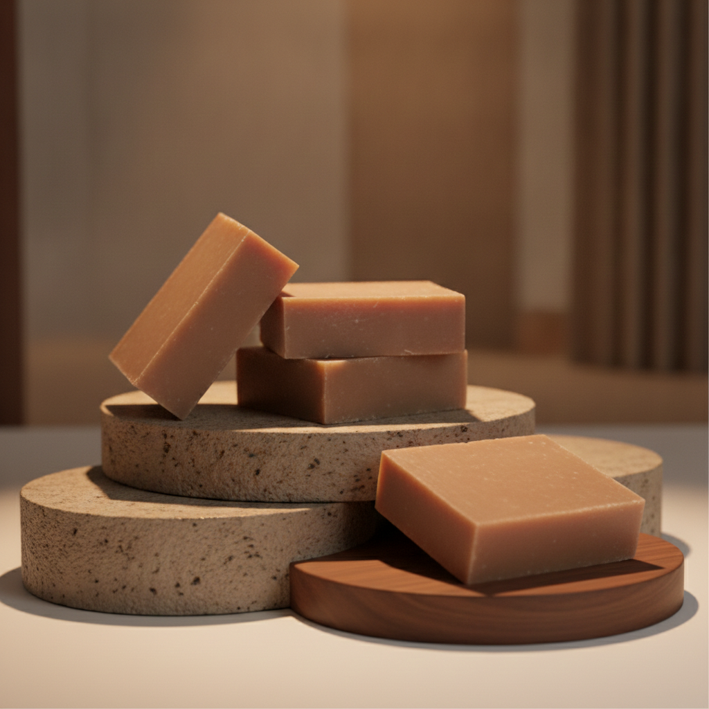 Sandalwood Soap Bars arranged on stone pedestals and a wooden tray with warm spa-style lighting.