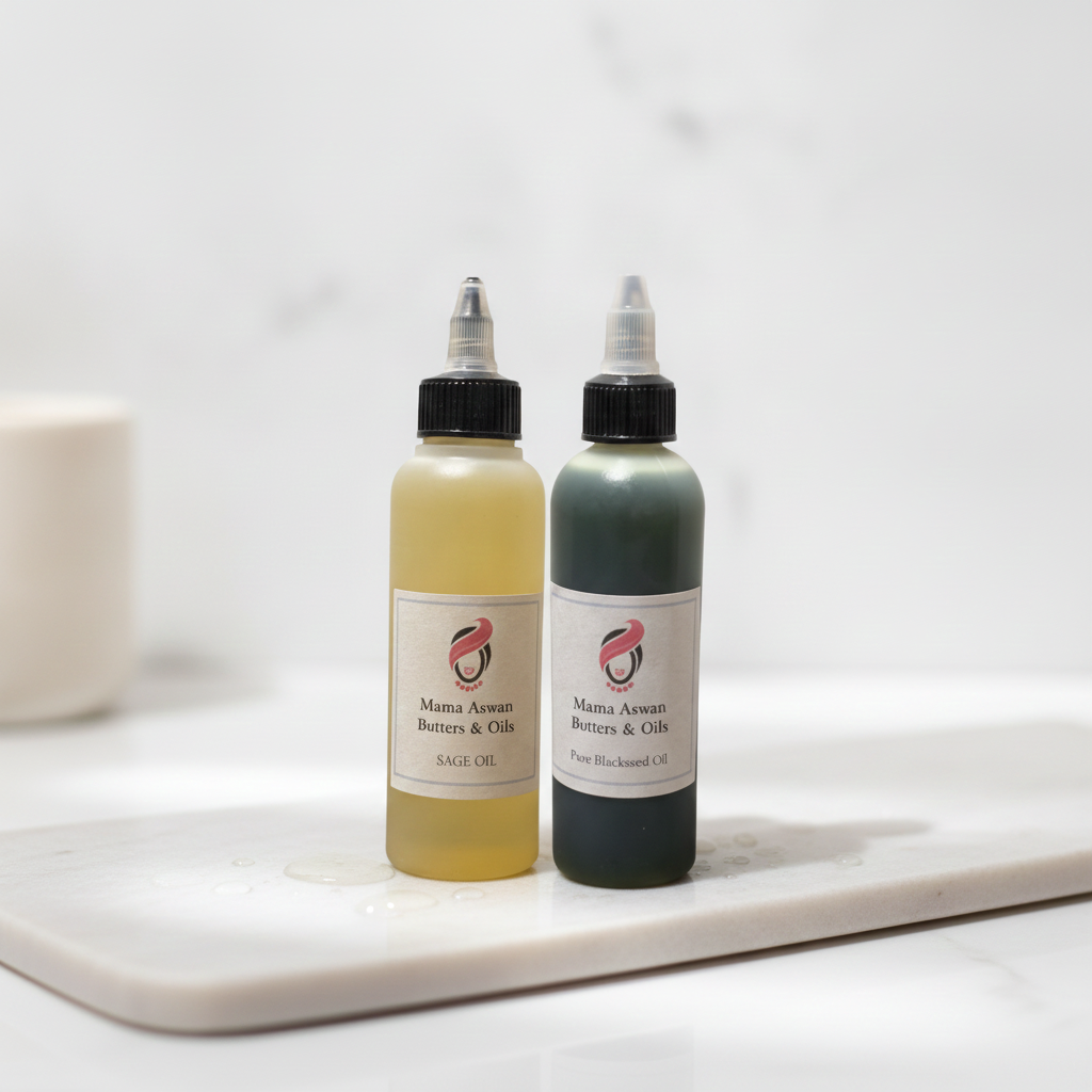 Two 4 oz Scalp Oil bottles on a white tray with a candle in the background.