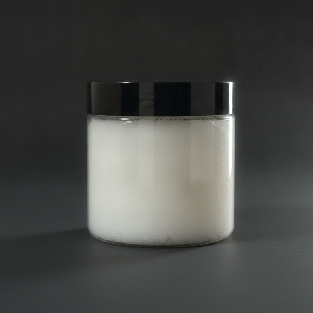 Close-up of Unscented Raw Sugar Scrub in a clear jar with a black lid against a dark charcoal studio background.