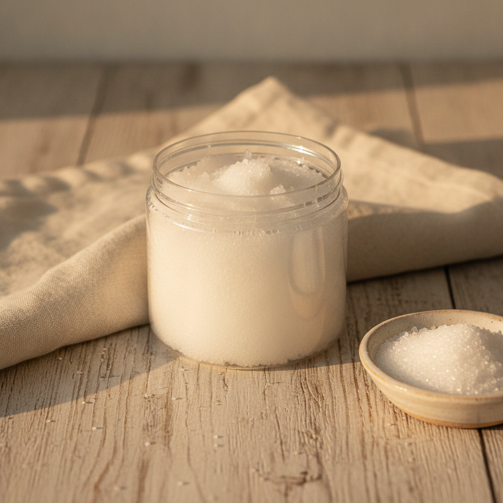 Open jar of Unscented Raw Sugar Scrub on a rustic wooden table beside a small bowl of sugar and folded cloth.