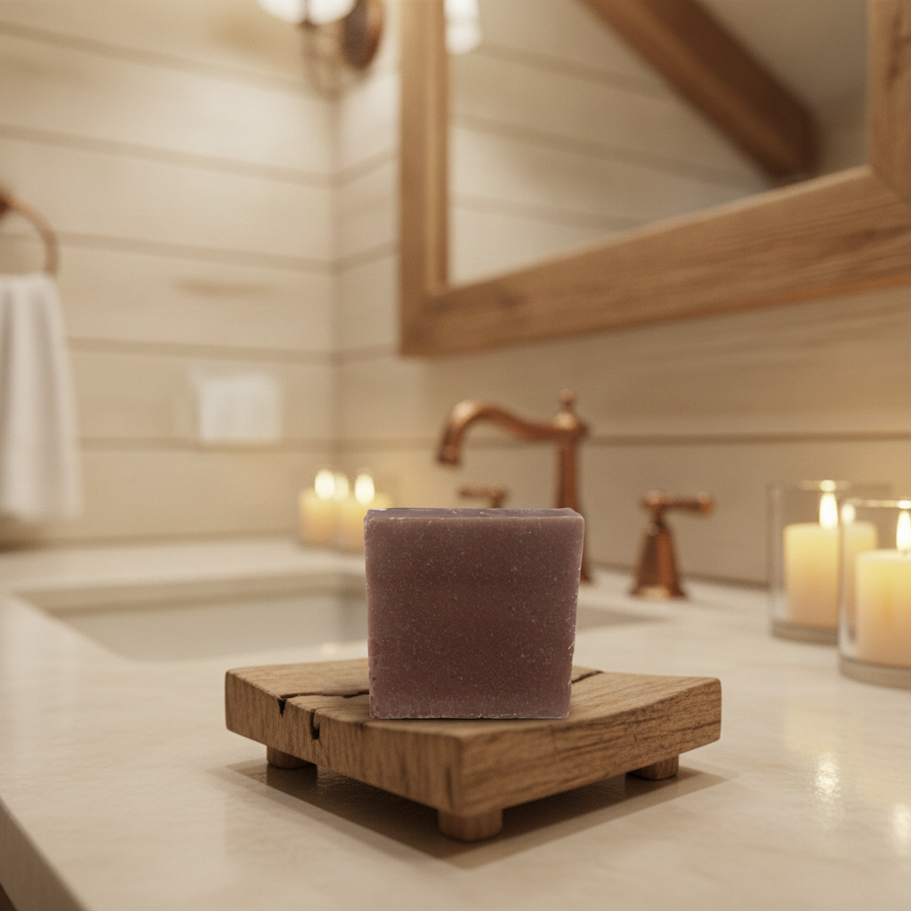 Nag Champa Mud Soap Bar on a wooden soap dish in a warm bathroom setting with candles.