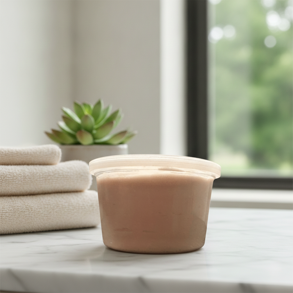 Creamy Whipped Shealoe Butter tub on a marble bathroom counter beside folded towels and a small plant.