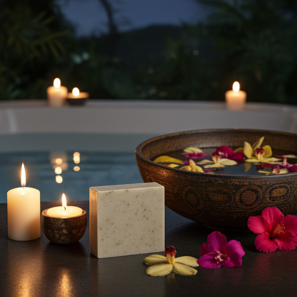 Relaxing bath-inspired product photo of Noite de Carnaval soap with candles and floating florals to evoke a calming, celebratory unwind.