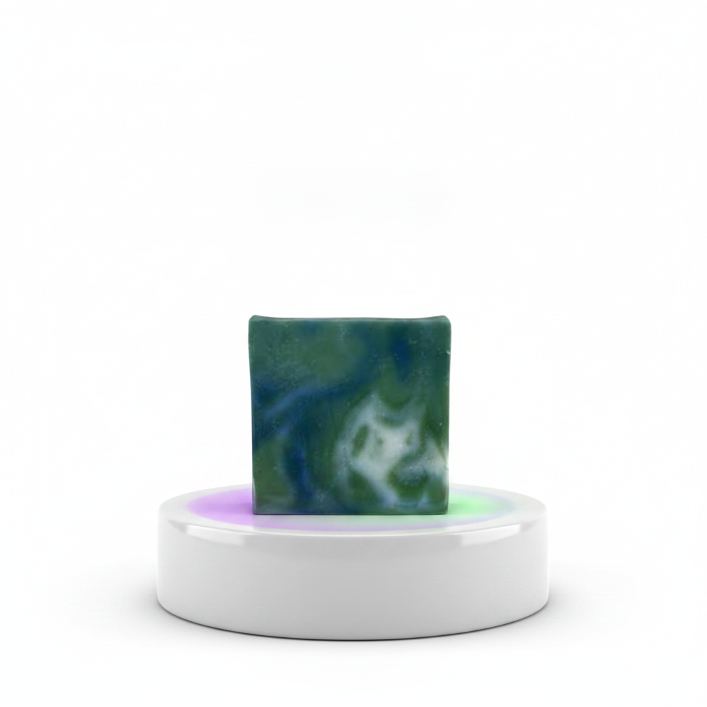 Lavender Mint Soap Bar displayed on a white pedestal with a soft purple glow.