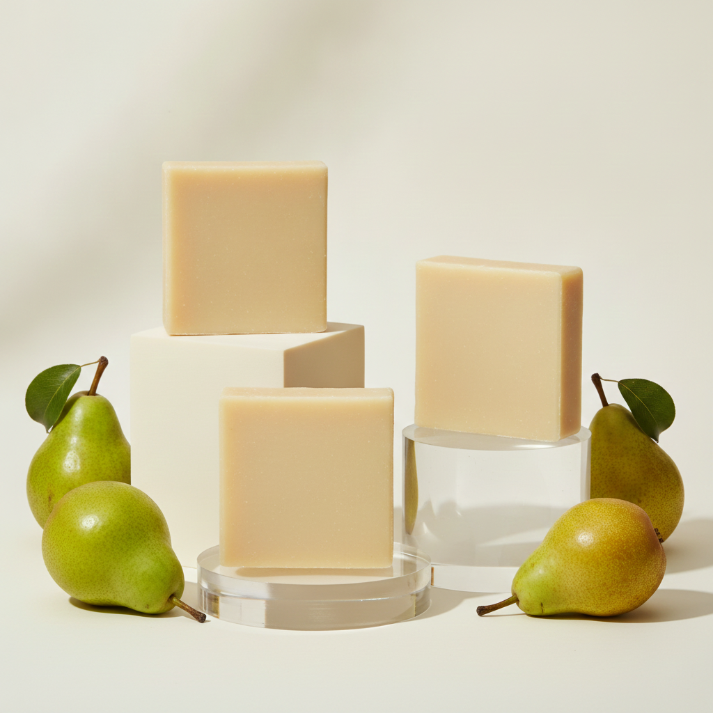 French Pear Soap Bars displayed on clear pedestals with green pears and bright soft lighting.