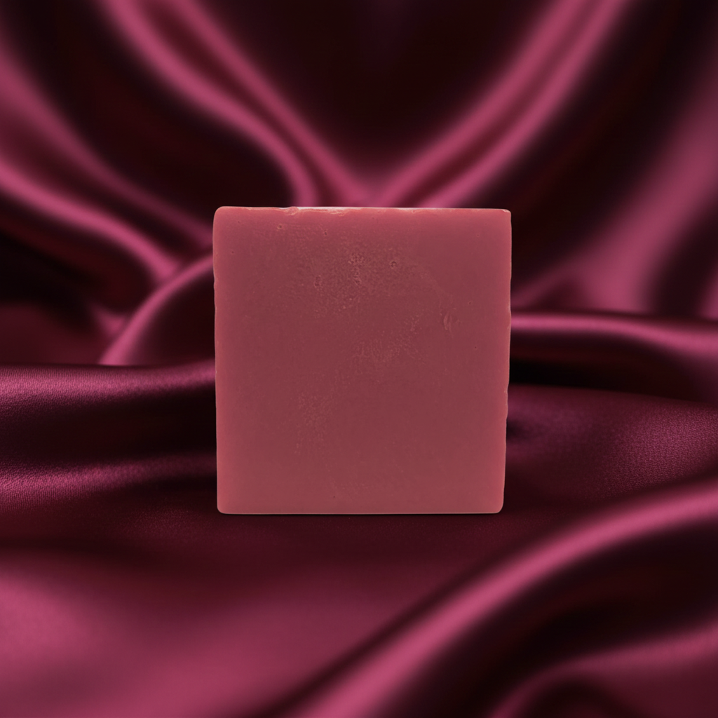 Midnight Cherry handmade soap bar styled against rich burgundy satin in a soft dramatic setting