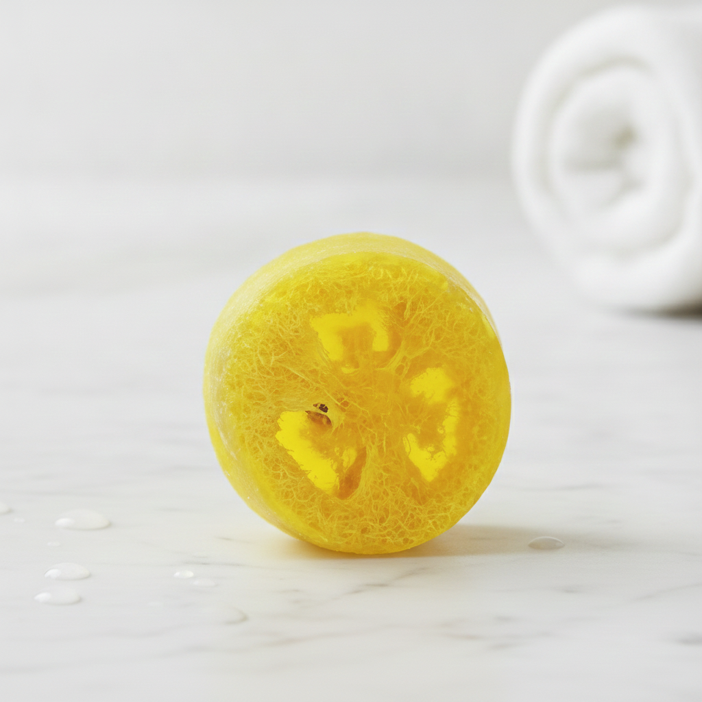Yellow Loofah Soap Bar standing on a marble counter with a rolled white towel in the background.