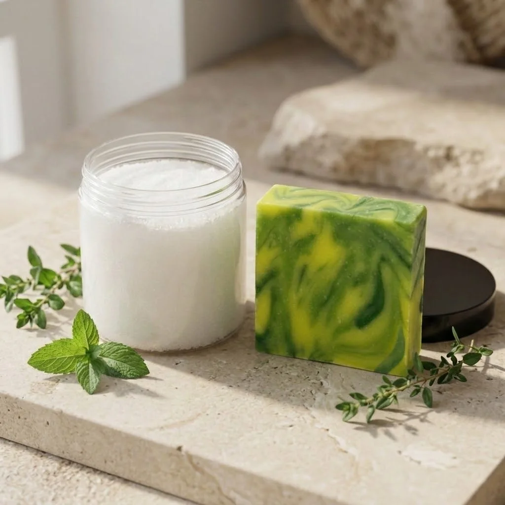Free Spirit Soap Bar beside an open jar of Smooth Body Cream with fresh herbs on a light stone surface.