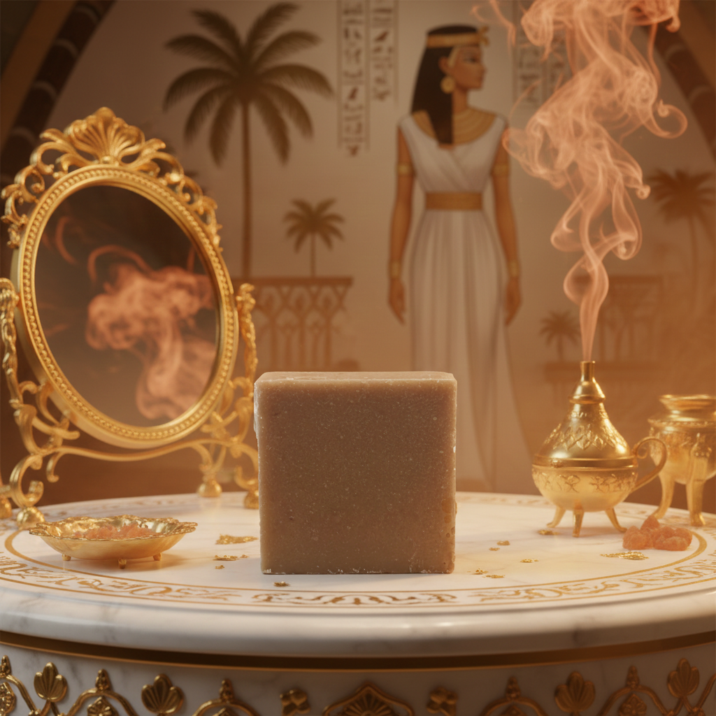 Queen of the Nile soap bar with ornate mirror, soft incense smoke, and a warm ceremonial beauty atmosphere