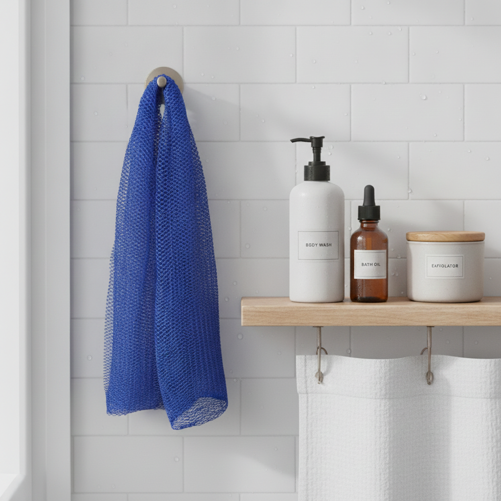 Blue African Sapo Sponge hanging from a hook on a white tiled shower wall