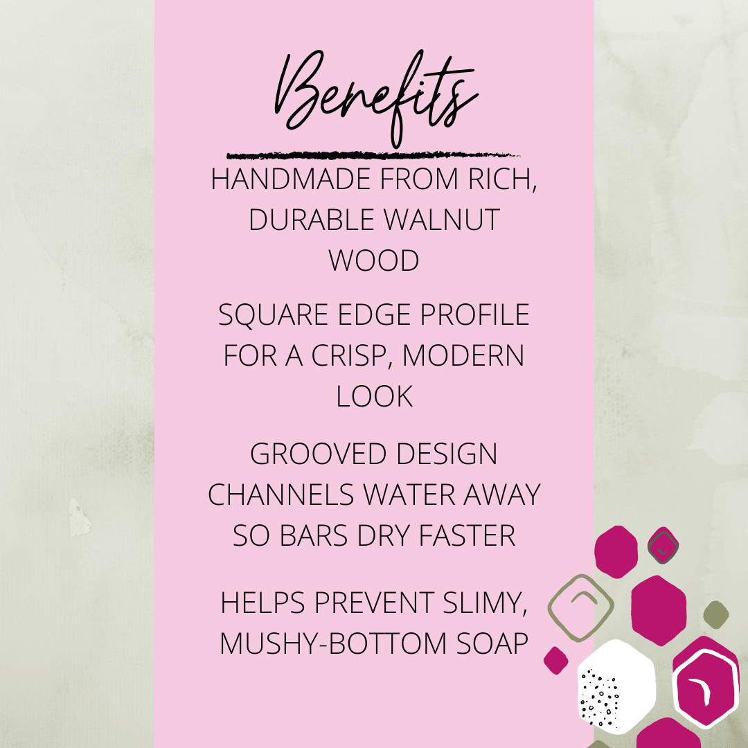 Benefits list for Square Edge Walnut Wood Soap Dish showing rich durable walnut wood, modern square profile, grooved drainage, and anti–mushy soap.