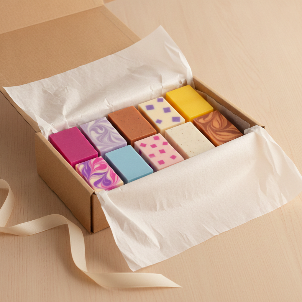 Open gift box containing ten colorful handmade mini soap samples wrapped in tissue paper