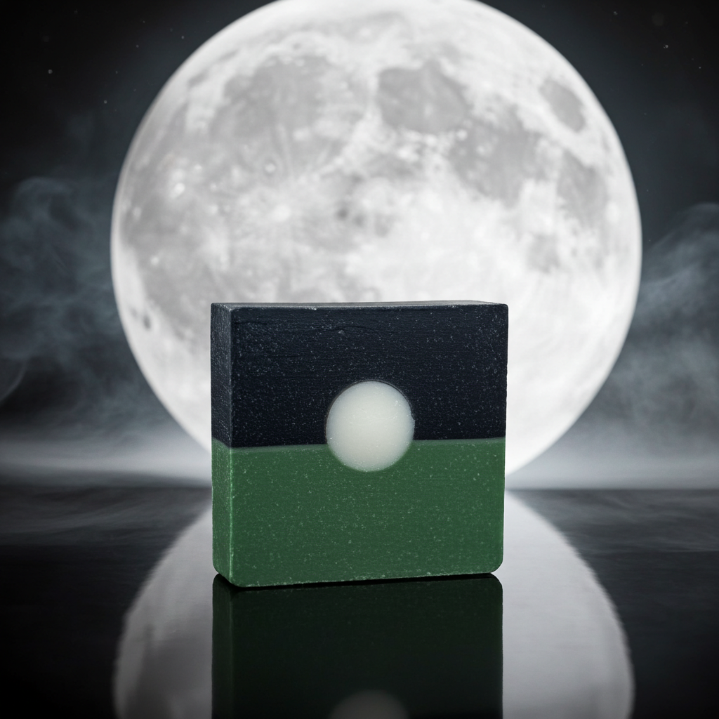 Only the Moon Above handmade soap bar styled in front of a full moon with a dark reflective setting