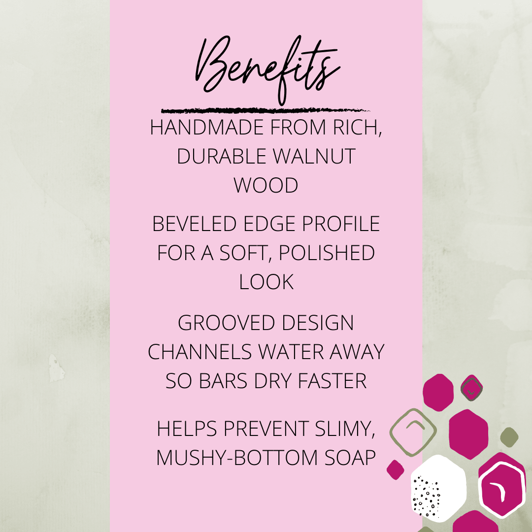 Benefits list for Beveled Edge Walnut Wood Soap Dish showing durable walnut wood, soft polished beveled profile, grooved drainage, and anti–mushy soap.