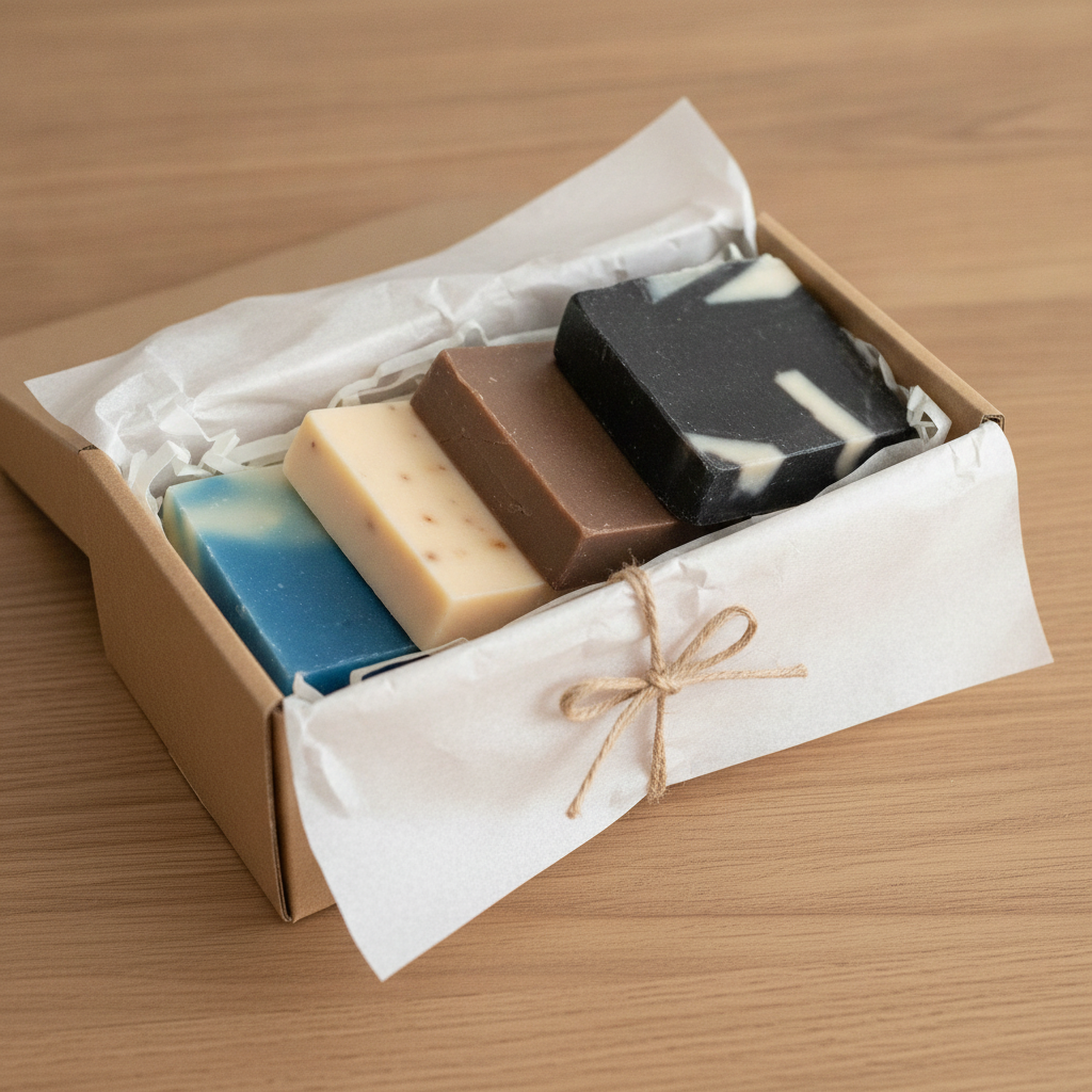 4 Classic Handmade Soap Bars Gift Set in an open box with tissue paper and assorted soap bars.