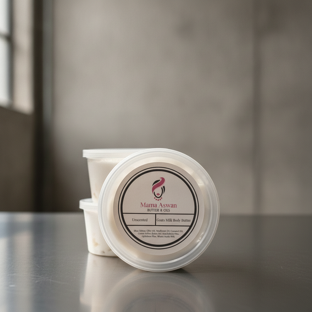 Unscented Goat’s Milk Body Butter tubs and labeled lid on a dark reflective surface.