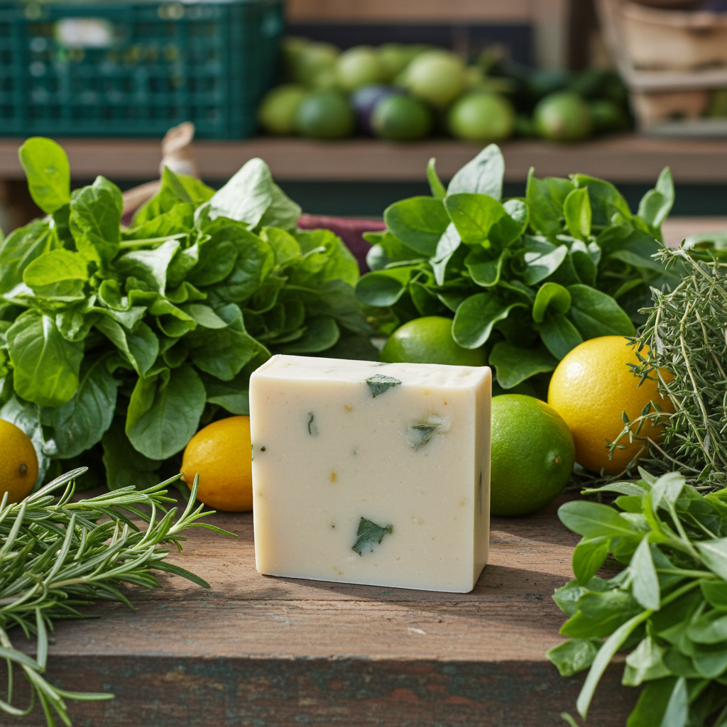 Mercado Verde soap bar surrounded by leafy greens, herbs, lemons, and limes in a fresh market-inspired setting