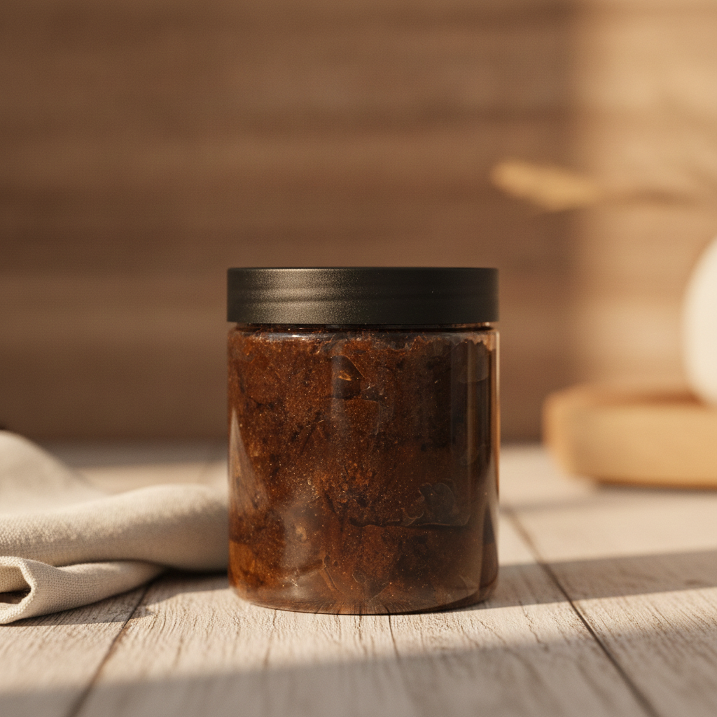 8 oz Raw African Black Soap Paste jar on a wooden counter with folded towel and warm bathroom background.