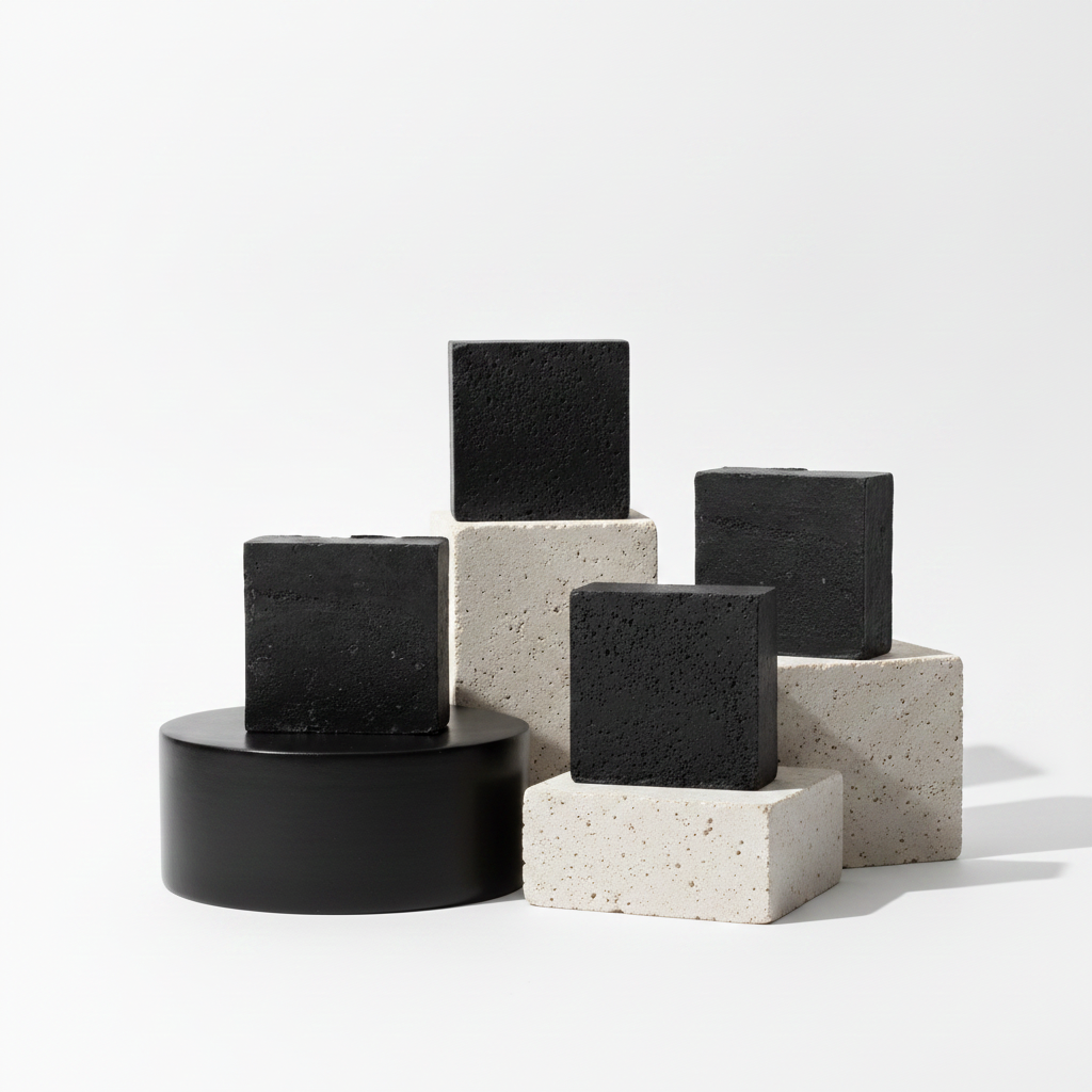 Black Soap Bars displayed on black and white pedestals with a clean modern background.
