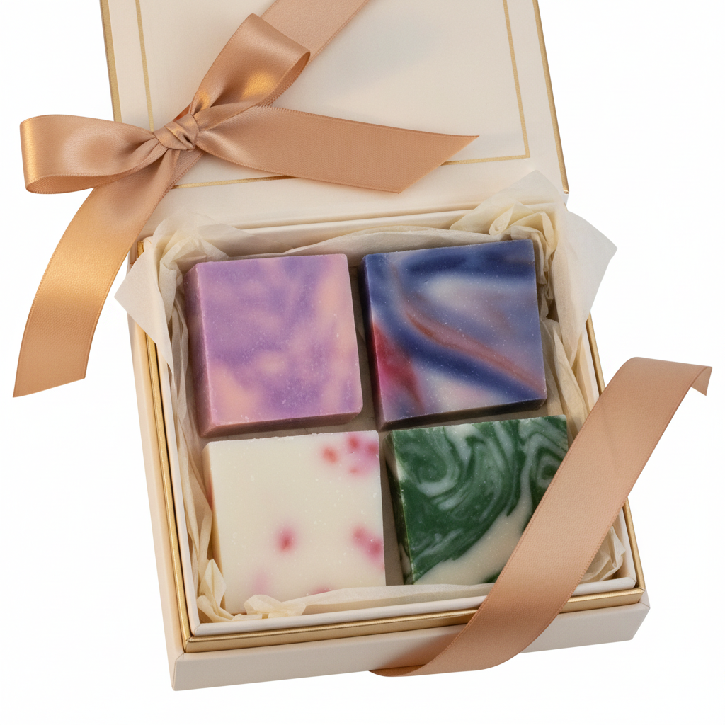 Four Classic Handmade Soap Bars in a gift box with ribbon and shredded paper filler.