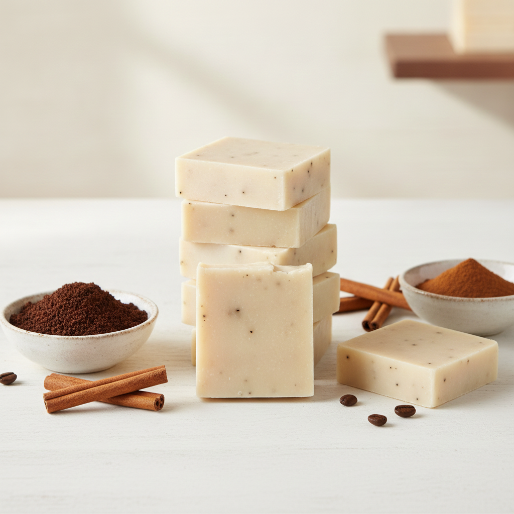 Cinnamon Latte Soap Bars displayed with bowls of coffee grounds, cinnamon powder, cinnamon sticks, and coffee beans.