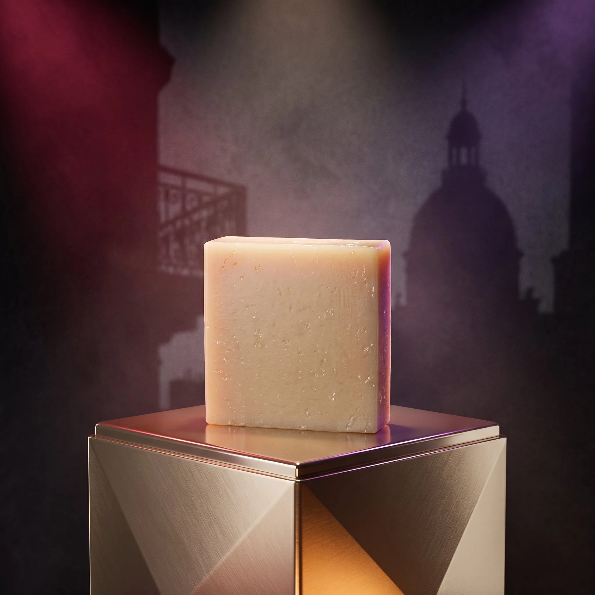 Room to Breathe Soap Bar on a geometric pedestal with dramatic Paris-inspired lighting and city silhouettes.