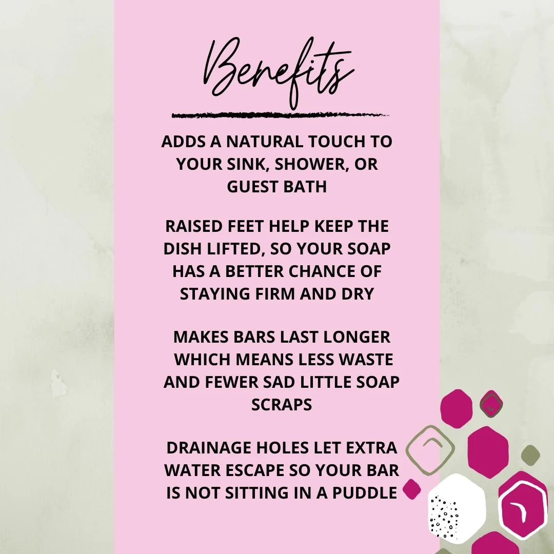 Benefits graphic for Handmade Coconut Shell Soap Dish highlighting drainage holes, raised feet, longer-lasting soap, and natural bathroom style.