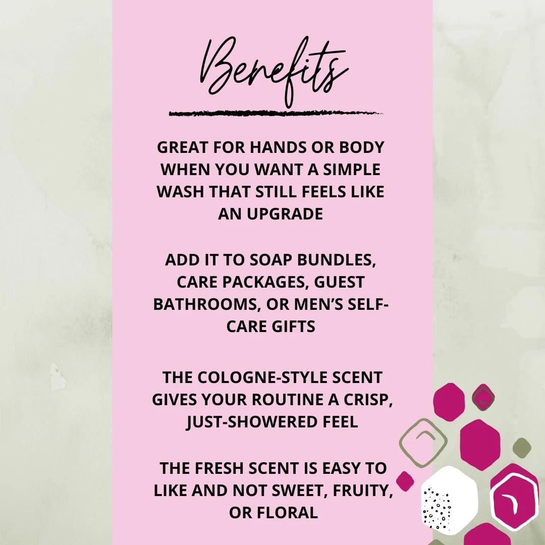 Benefits graphic for Cool Water Soap Bar highlighting creamy lather, gift-friendly scent, cologne-style freshness, and easy everyday use.