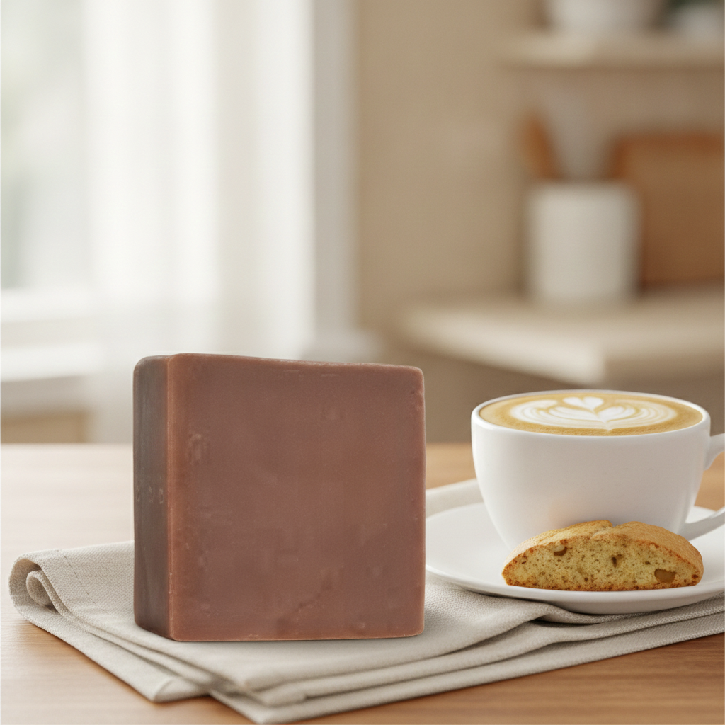 French Vanilla Biscotti Soap Bar beside a cappuccino and biscotti in a bright kitchen setting.