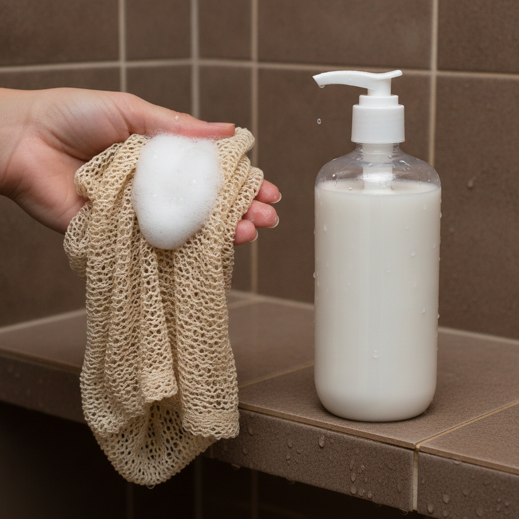 Adult hand holding a lathered bathing net beside Sensitive Skin Natural Body Wash in a tiled shower.