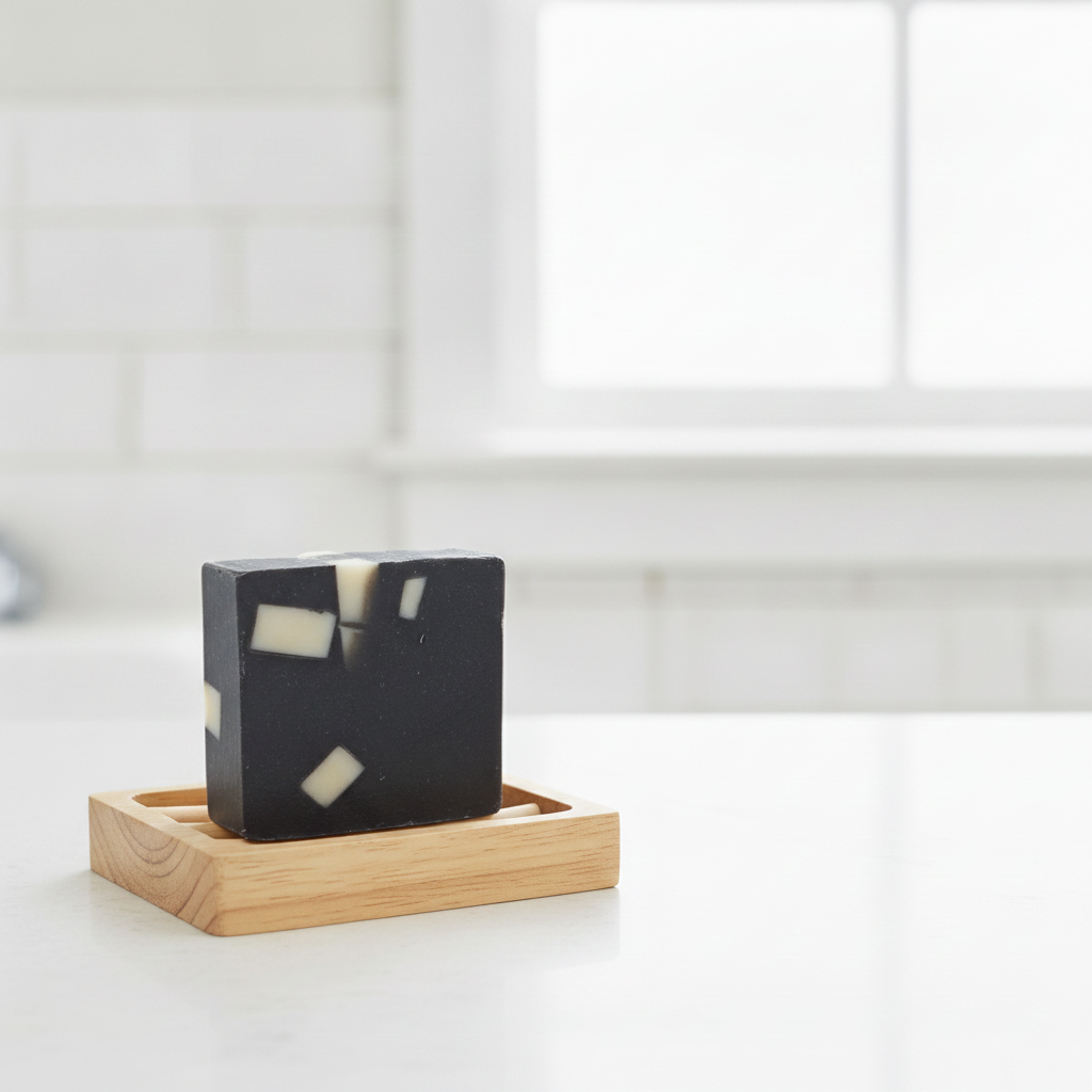 Charcoal Aloe Soap Bar resting in a wooden soap dish on a bright bathroom counter.