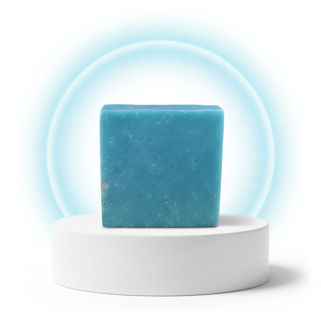 Cool Spring Scrub Soap Bar on a white pedestal with a glowing blue circle background.
