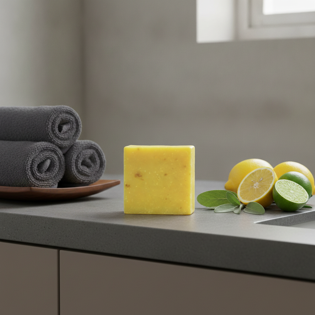Island Citrus for Men Scrub Soap Bar on a bathroom counter with rolled towels, lemon, lime, and green leaves.